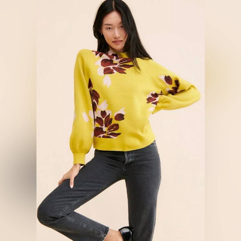 Anthropologie Beatriz Mock Neck Floral Sweater in Chartreuse size S VGC